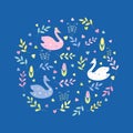 Cute cartoon swans, flowers, leaves, hearts. Decorative composition in a circle.. Vector isolated